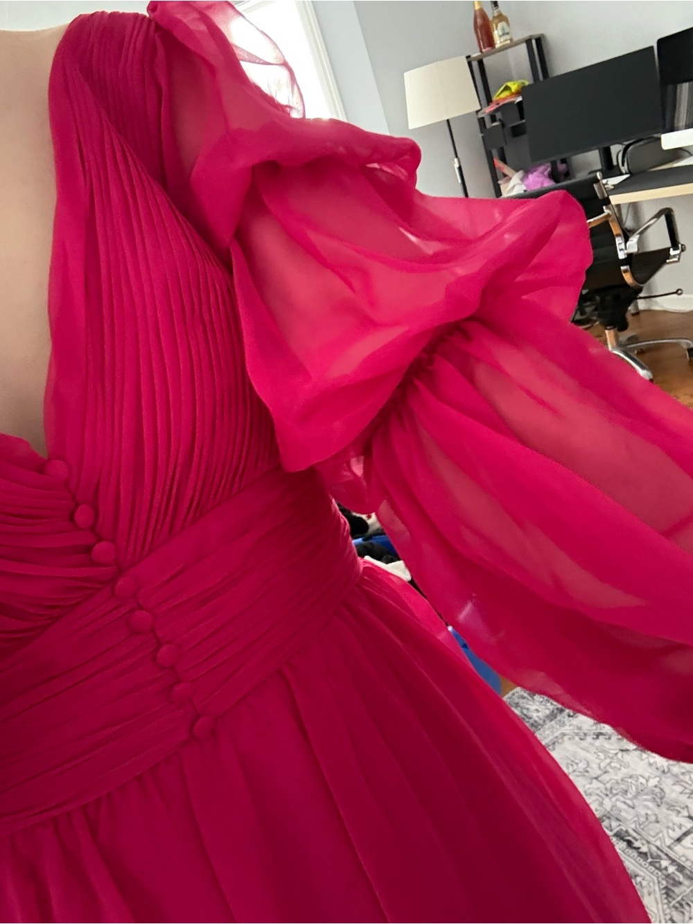 Mac Duggal Fuchsia Puff-Sleeve V-Neck Maxi Dress - Picture 2 of 2